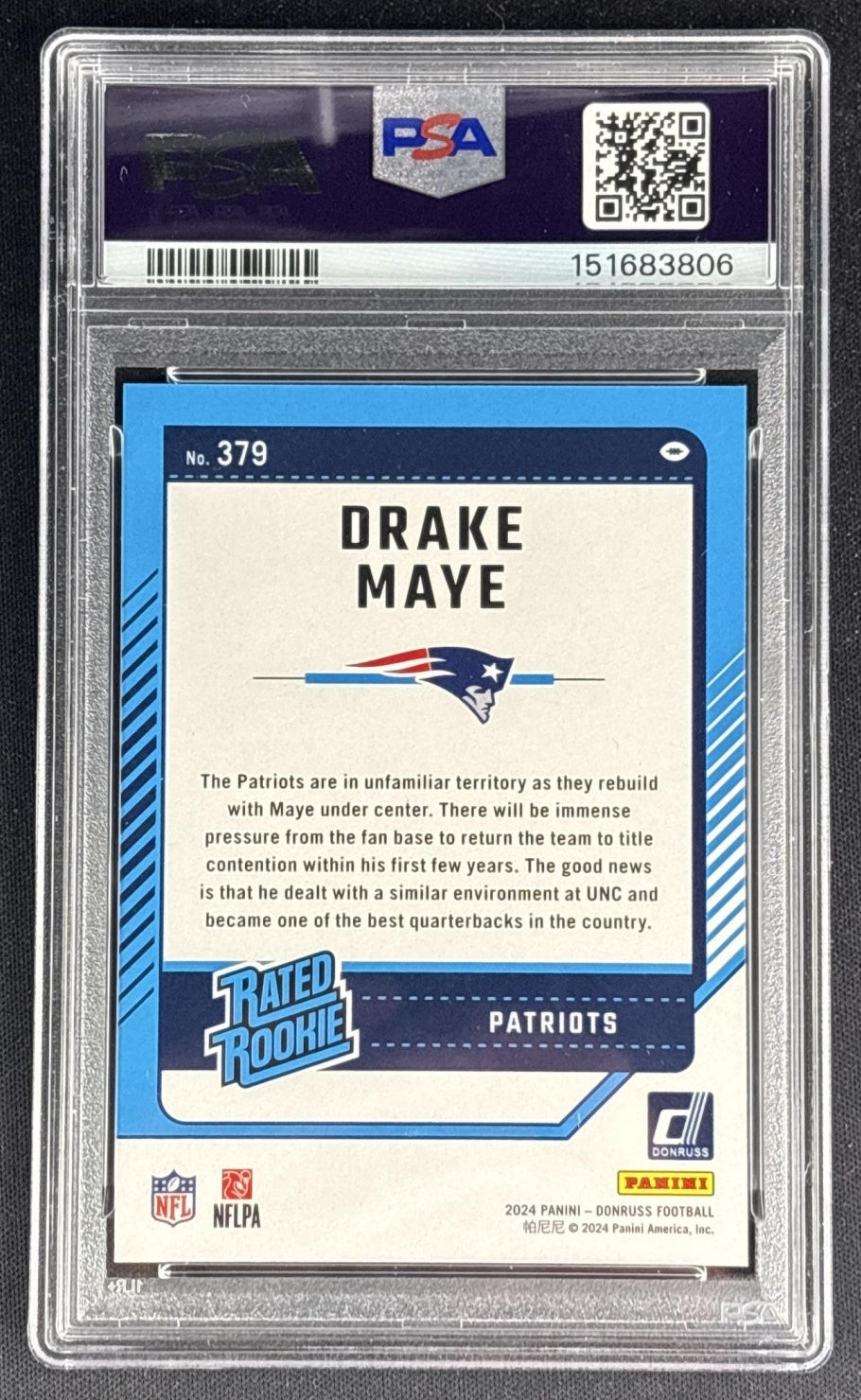 Drake Maye 2024 Panini Donruss Press Proof Yellow PSA 9 Patriots 151683806 back