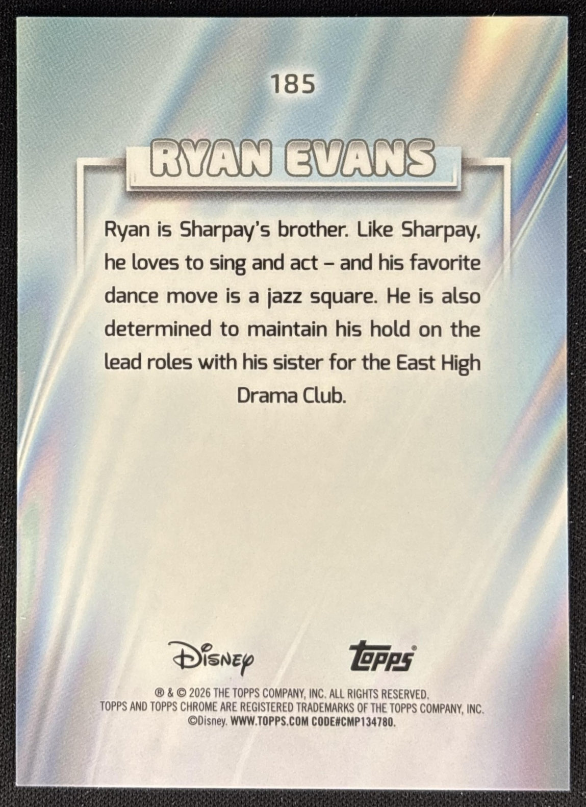 Ryan Evans 2026 Topps Chrome Disney High School Musical back