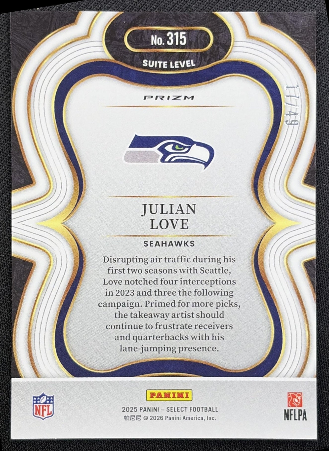 Julian Love 2025 Panini Select Suite Level Red Prizm /49 Seahawks