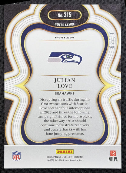 Julian Love 2025 Panini Select Suite Level Red Prizm /49 Seahawks