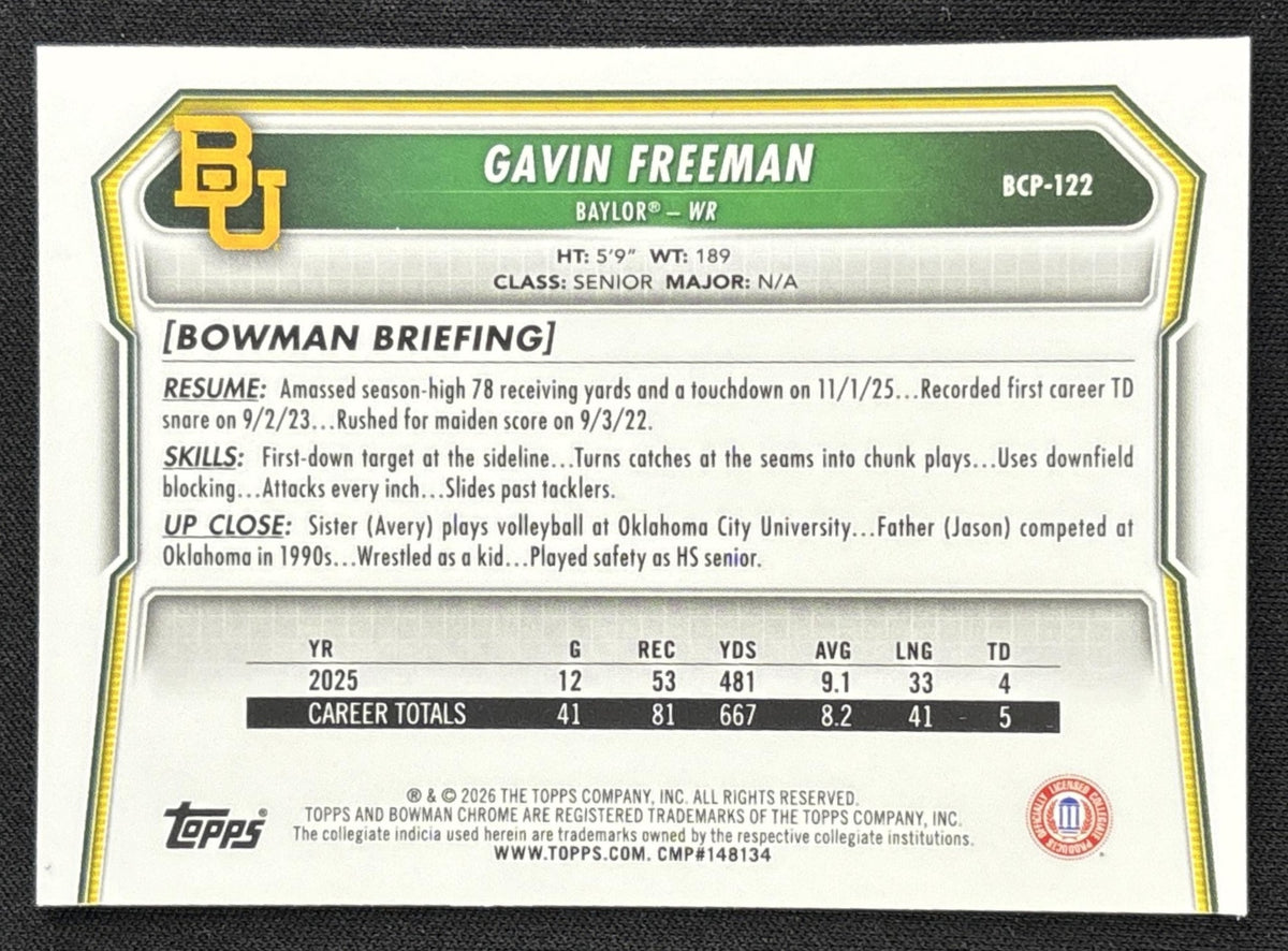 Gavin Freeman 2026 Bowman Chrome Prospects Mojo Refractor Bears