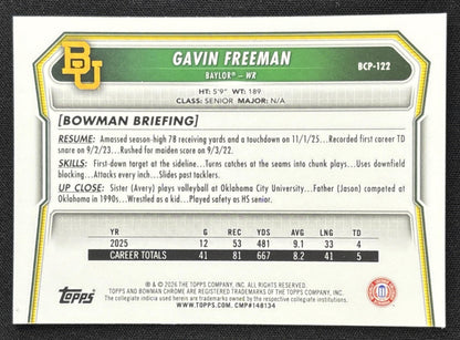 Gavin Freeman 2026 Bowman Chrome Prospects Mojo Refractor Bears