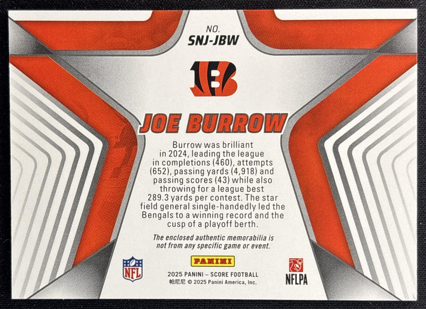 Joe Burrow 2025 Panini Score Stars of the NFL Jersey Bengals Back