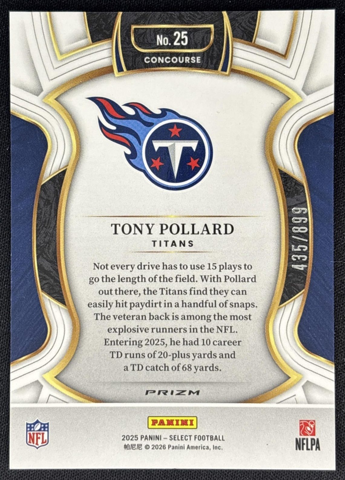Tony Pollard 2025 Panini Select Concourse Copper Prizm Shock /899 Titans back