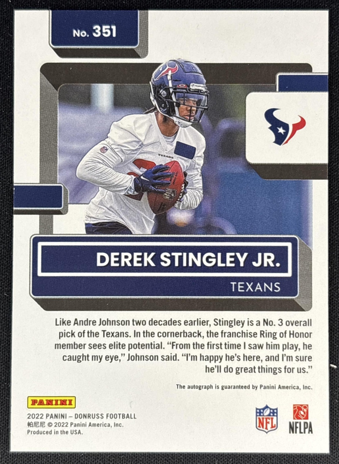 Derek Stingley Jr. 2022 Panini Donruss Rated Rookie Auto Texans back