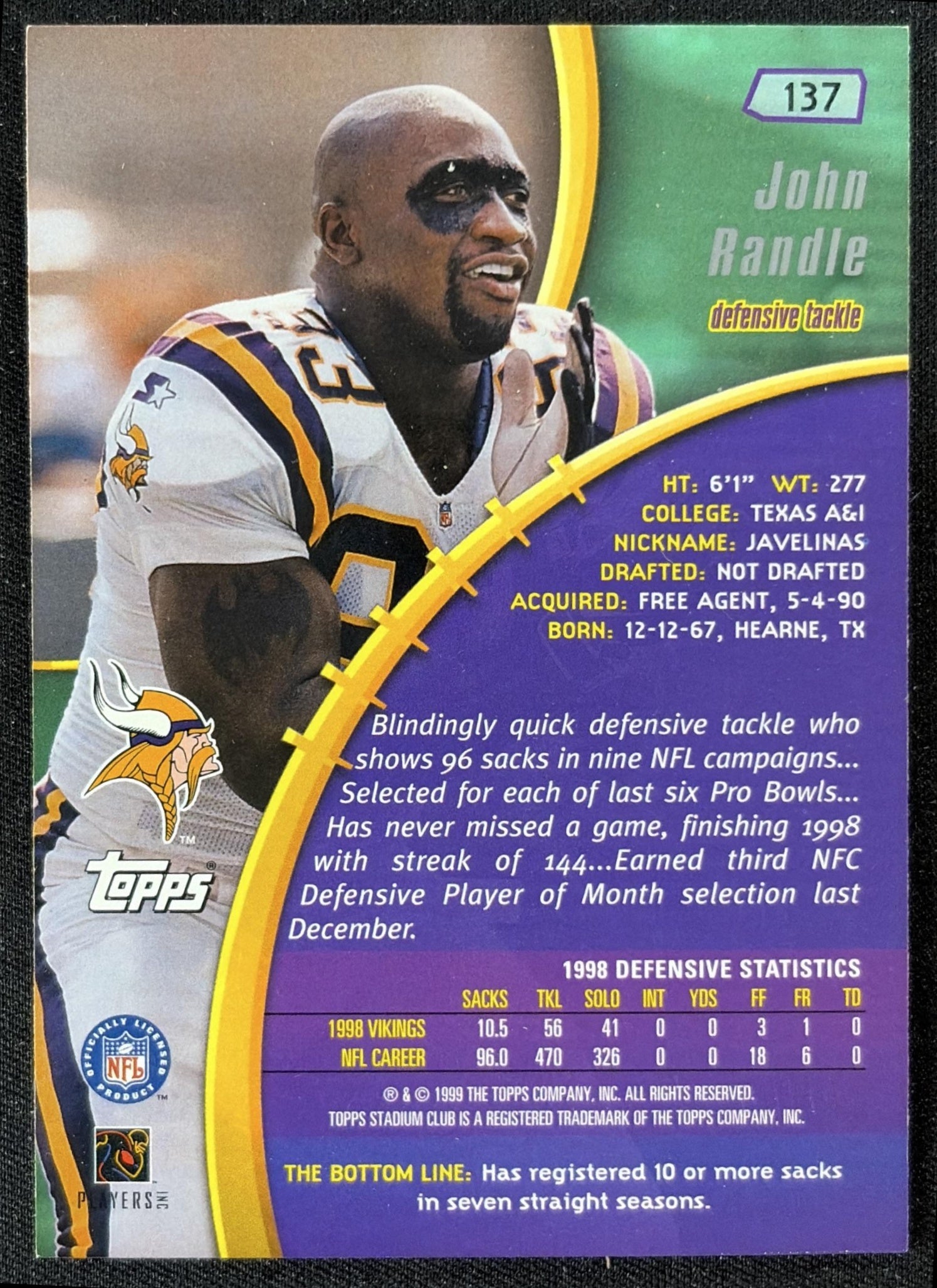 John Randle 1999 Topps Stadium Club Vikings