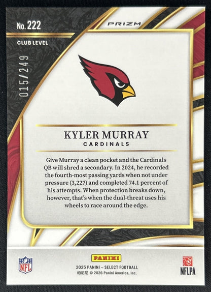 Kyler Murray 2025 Panini Select Club Level Tri-Color Prizm /249 Cardinals back