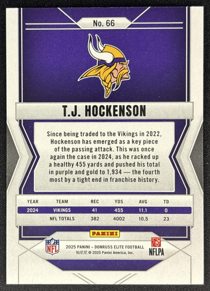 T.J. Hockenson 2025 Panini Donruss Elite Lavender Pyramids /649 Vikings back
