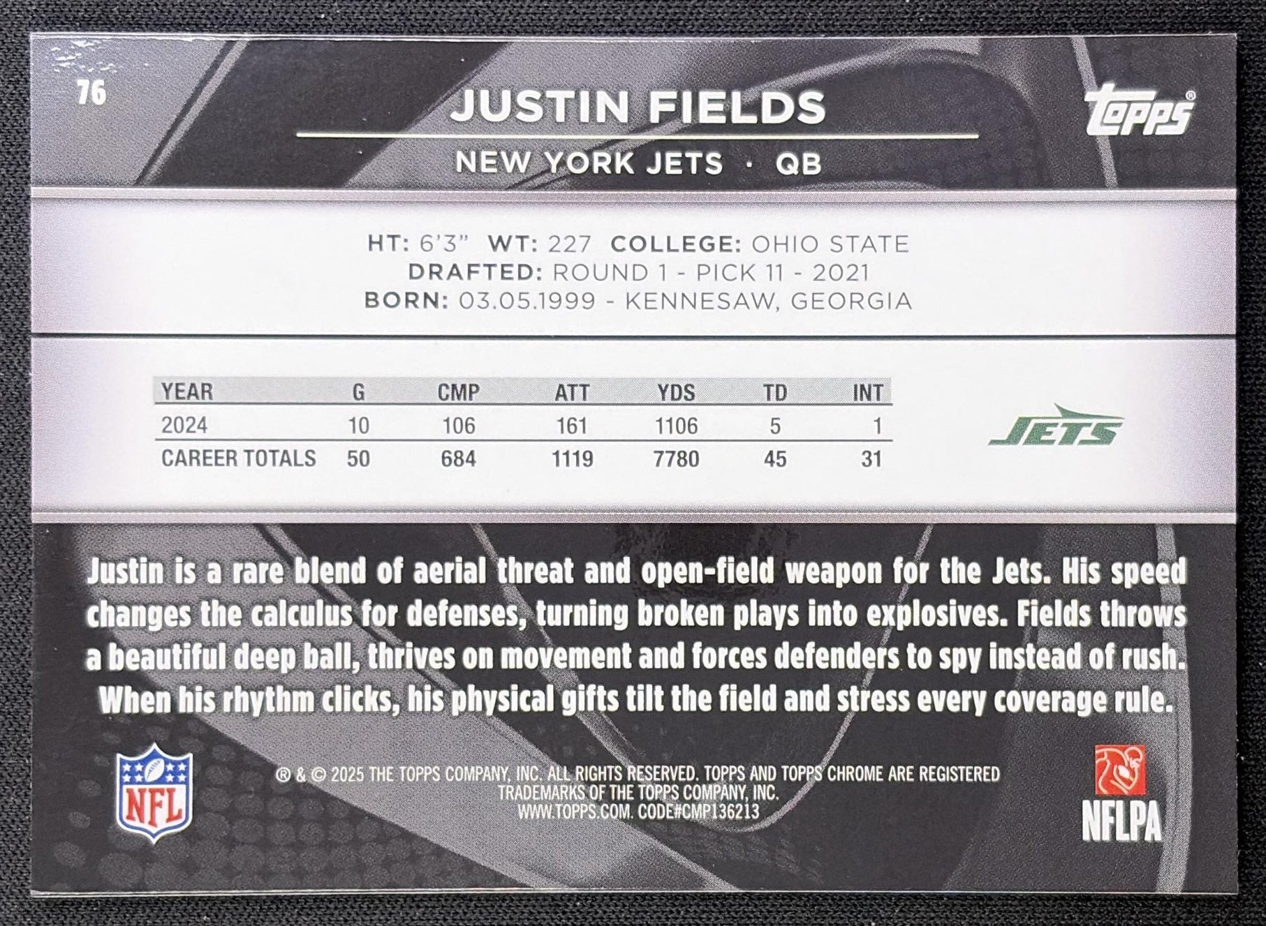Justin Fields 2025 Topps Chrome Black Jets