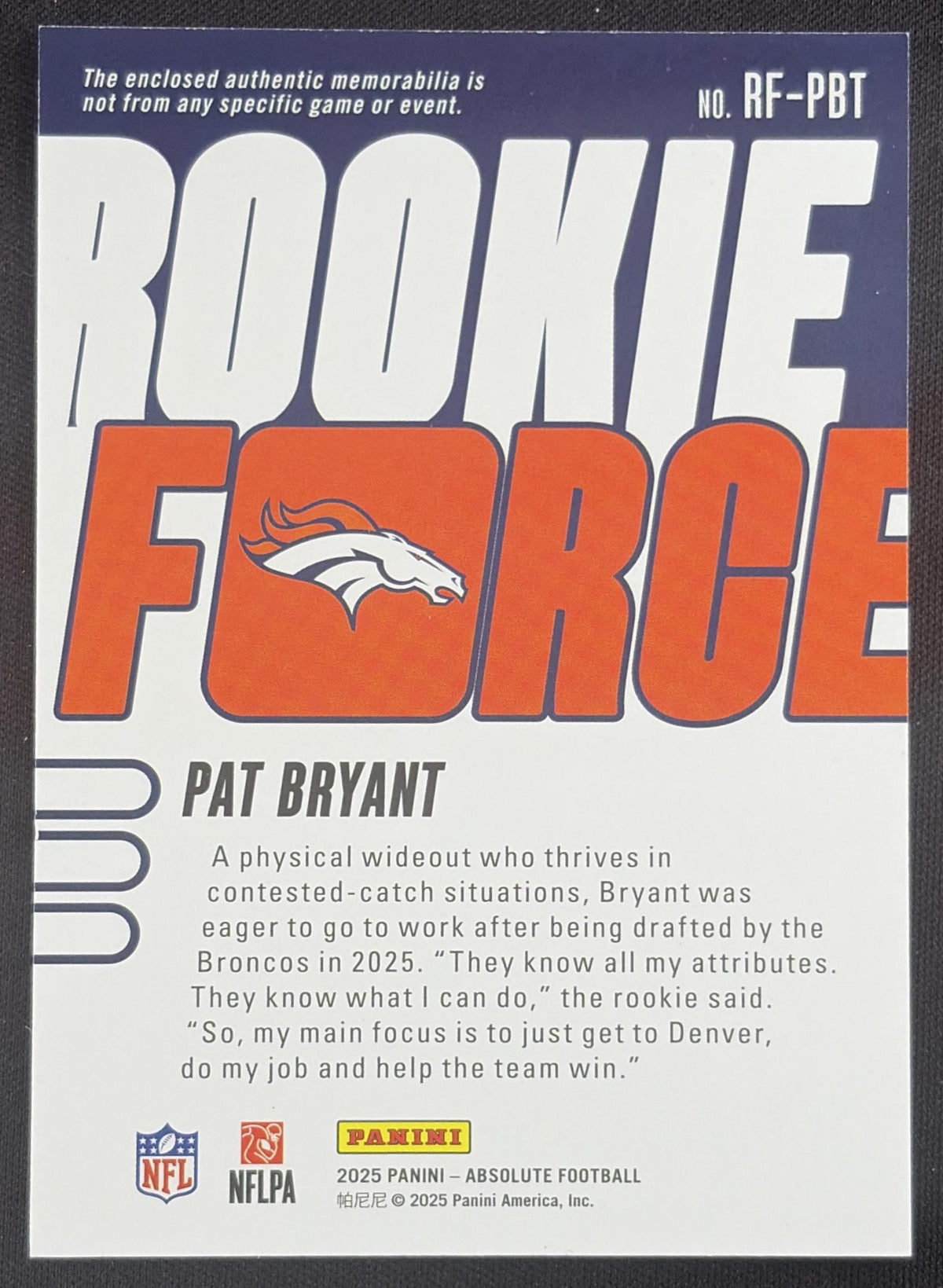 Pat Bryant 2025 Panini Absolute Rookie Force Broncos