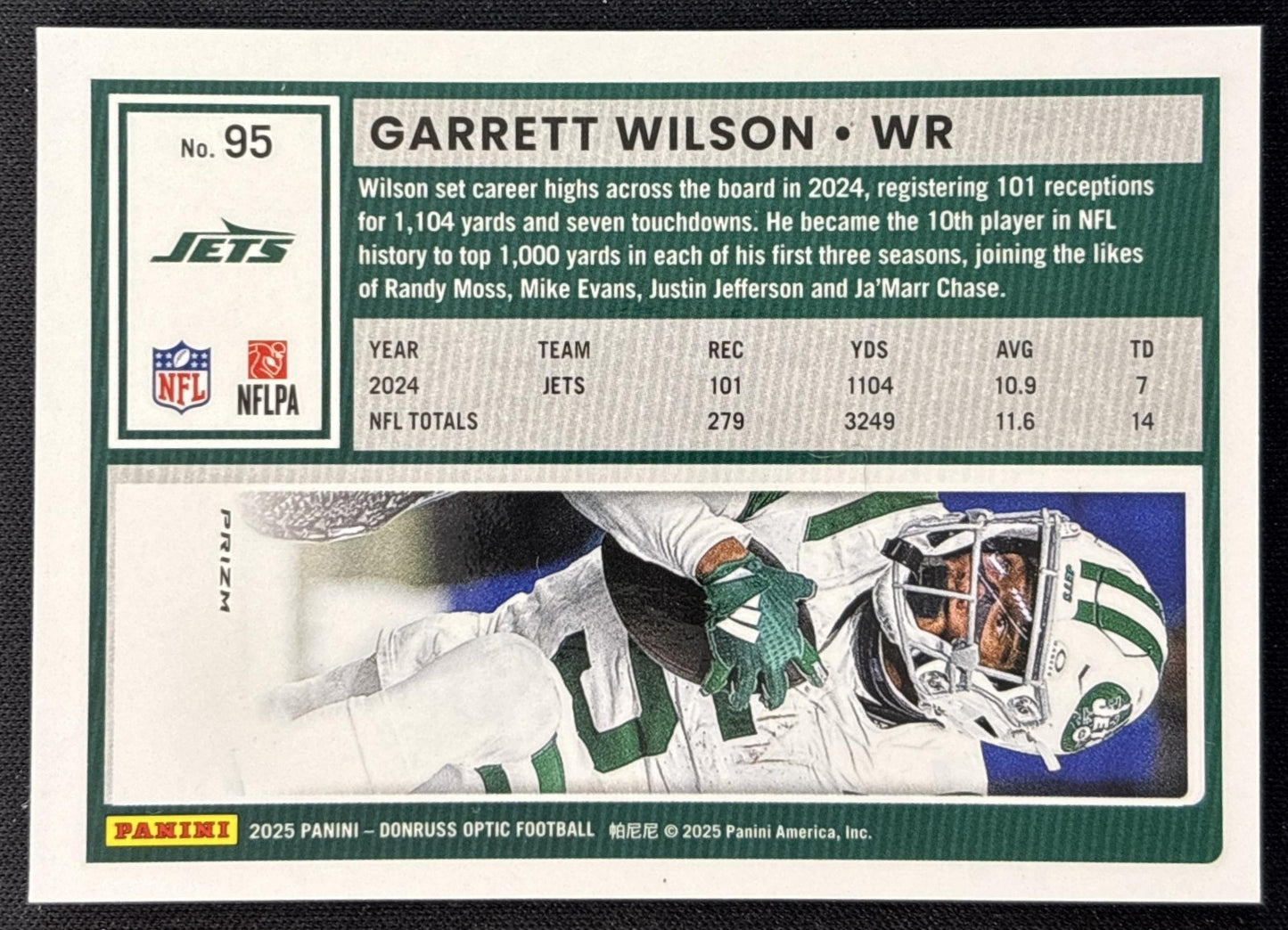 Garrett Wilson 2025 Panini Donruss Optic Holo Prizm Jets back