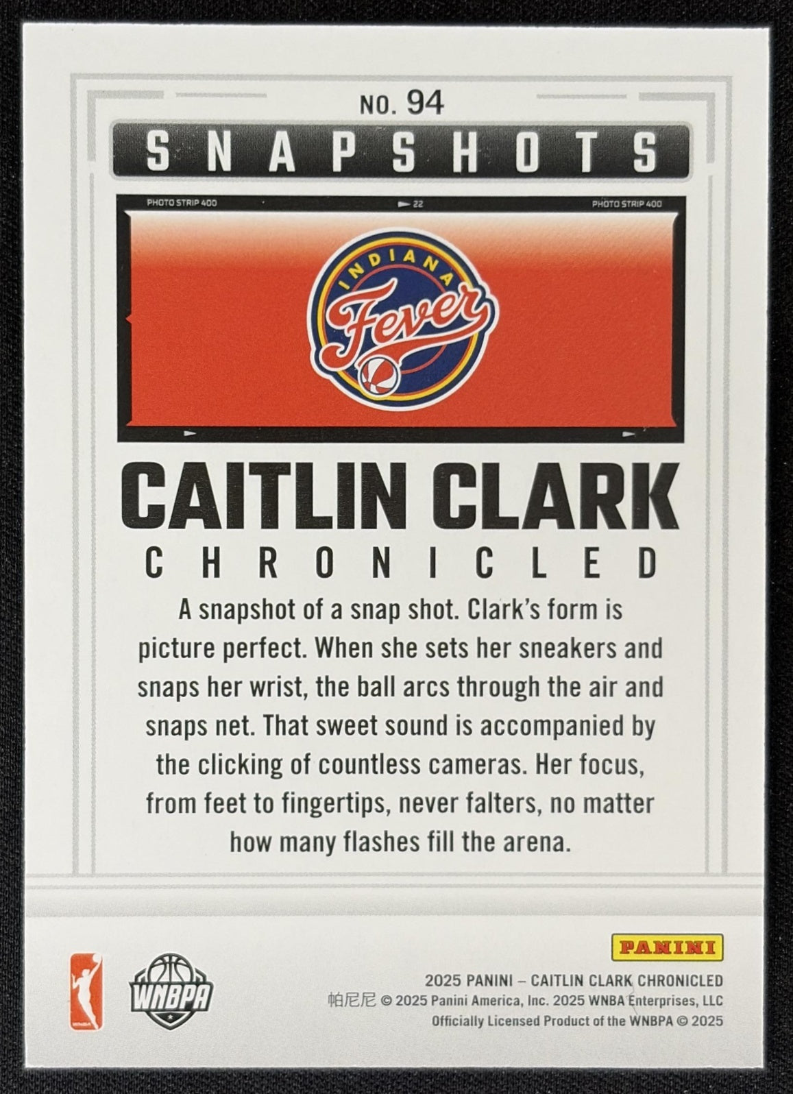 Caitlin Clark 2025 Panini Chronicled Snap Shots Holo Fever 94 Indiana Fever Sports Trading Card