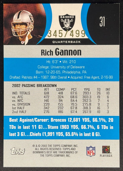 Rich Gannon 2003 Bowman's Best Blue /499 Raiders Sports Trading Cards