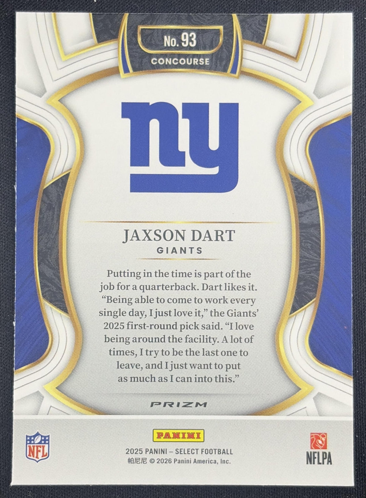 Jaxson Dart 2025 Panini Select Concourse Pink Prizm Shock Giants Sports Trading Card