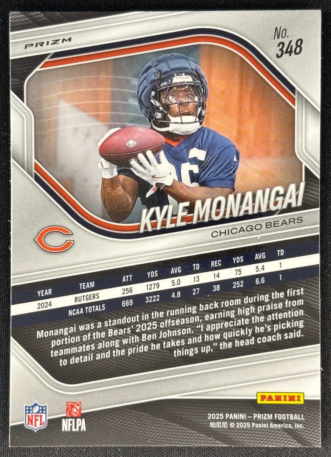 Kyle Monangai 2025 Prizm Silver Rookie Bears Sports Trading Cards