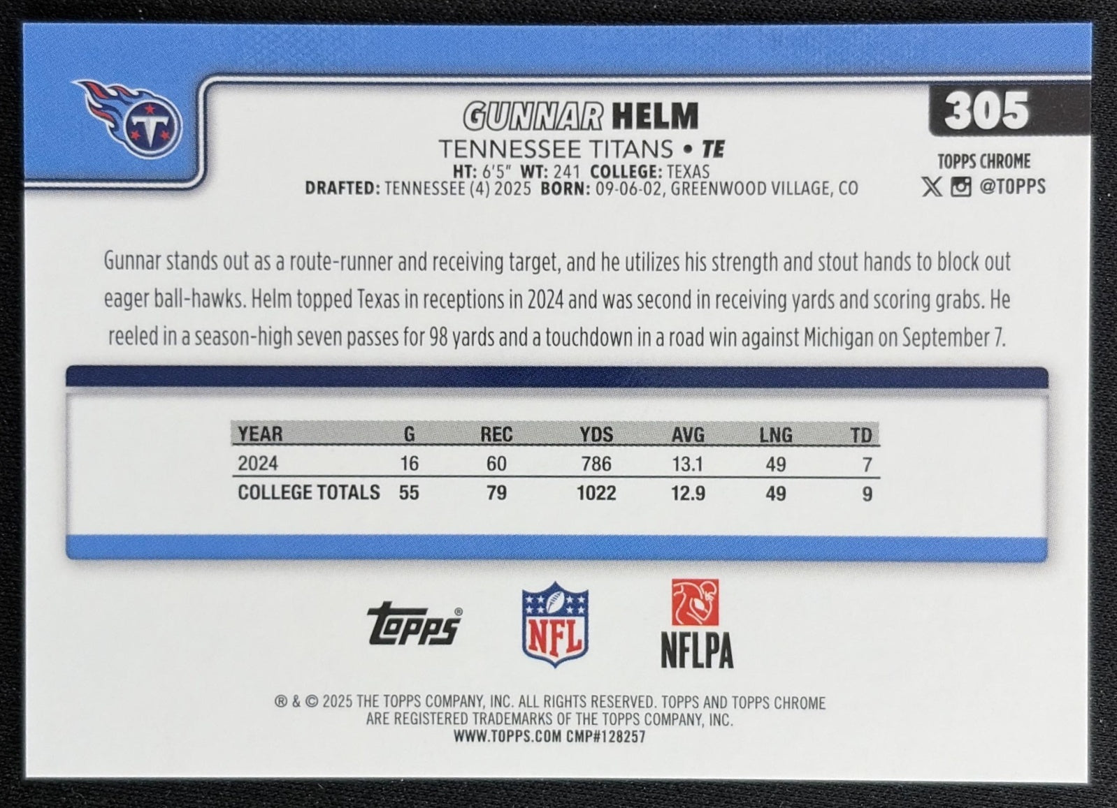 Gunnar Helm 2025 Topps Chrome Sapphire Orange Refractor /25 Titans Sports Trading Cards
