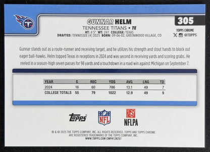 Gunnar Helm 2025 Topps Chrome Sapphire Orange Refractor /25 Titans Sports Trading Cards