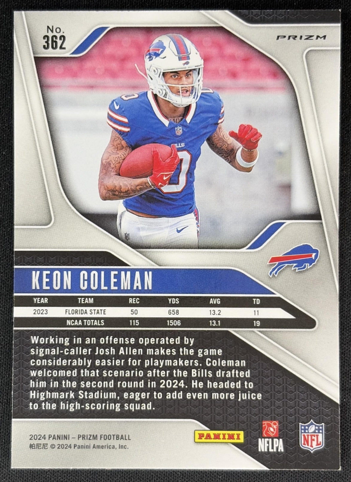 Keon Coleman 2024 Panini Prizm Pink Bills Back
