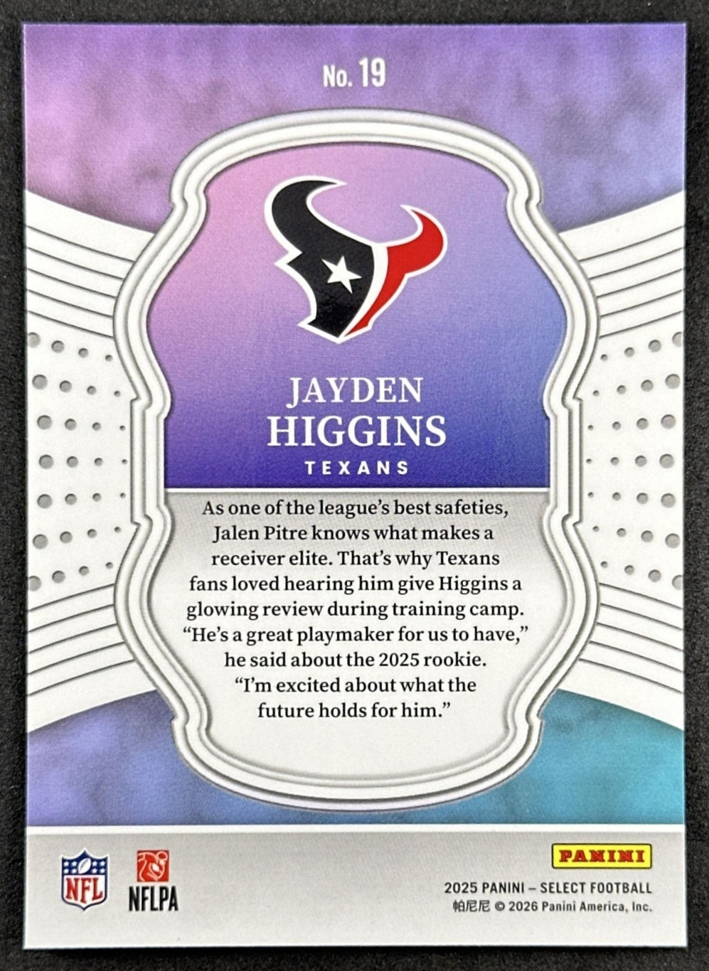 Jayden Higgins 2025 Panini Select Certified Rookies Texans Back