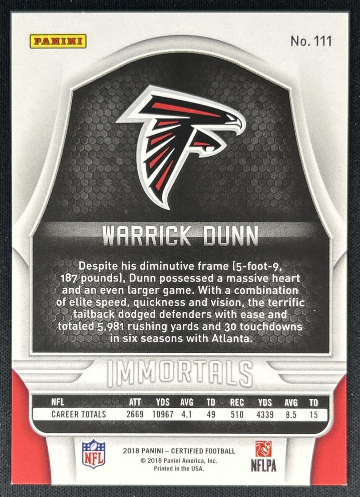 Warrick Dunn 2018 Panini Certified /999 Falcons back