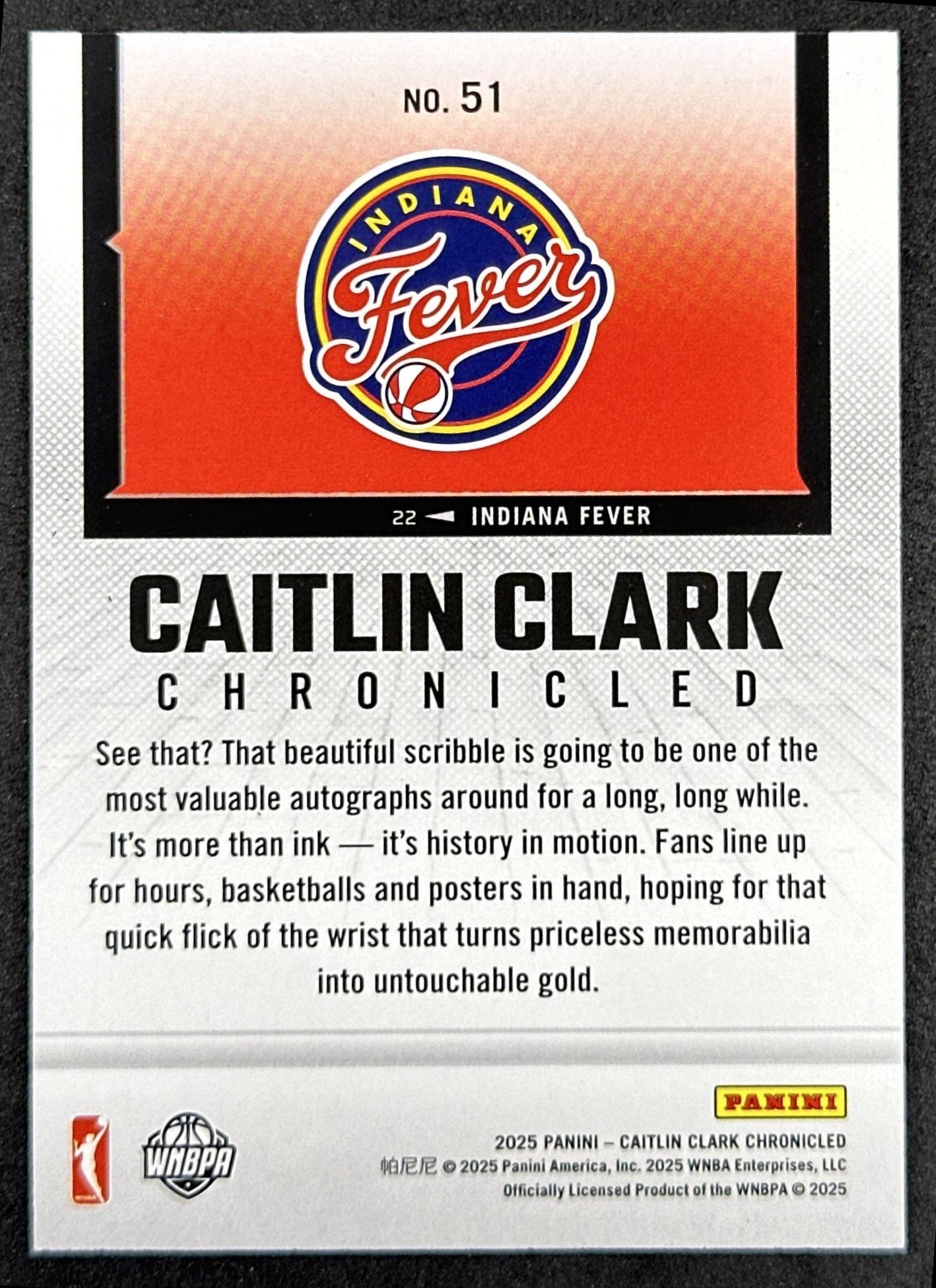 Caitlin Clark 2025 Panini Chronicled Life Style Holo Fever 51 Indiana Fever