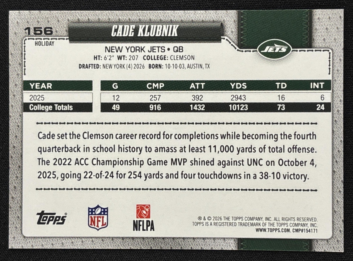 Cade Klubnik 2026 Topps Holiday Spirit Variation Jets Sports Trading Card