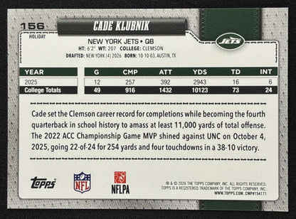 Cade Klubnik 2026 Topps Holiday Spirit Variation Jets Sports Trading Card