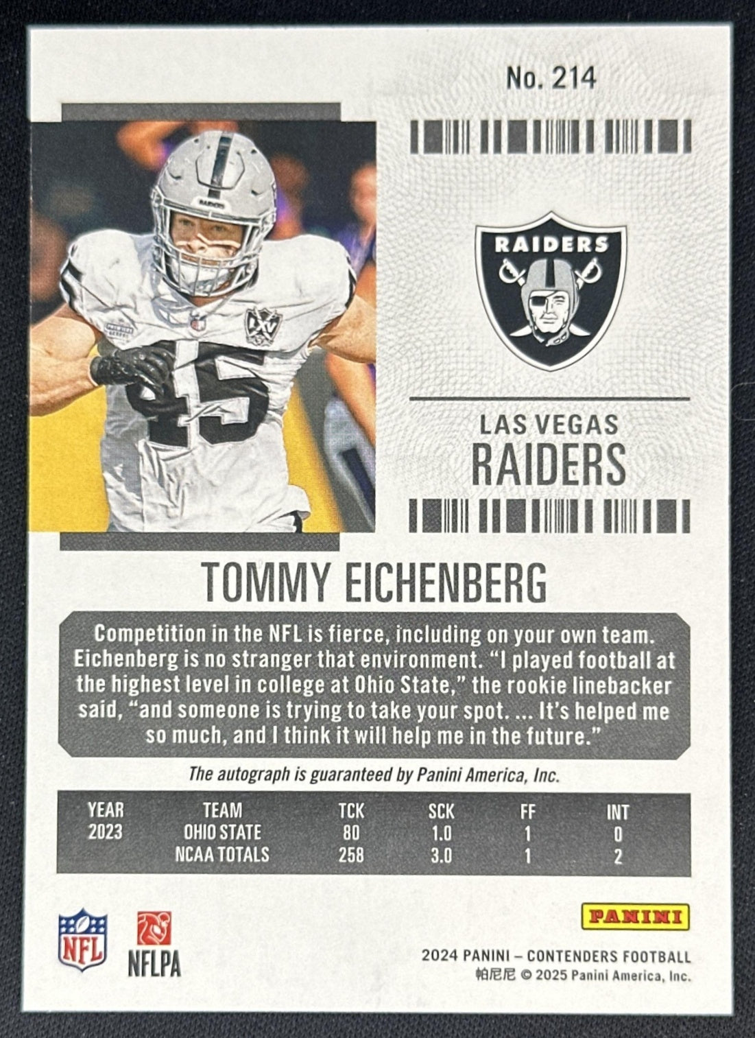 Tommy Eichenberg 2024 Panini Contenders Rookie Ticket Auto Raiders Sports Trading Cards