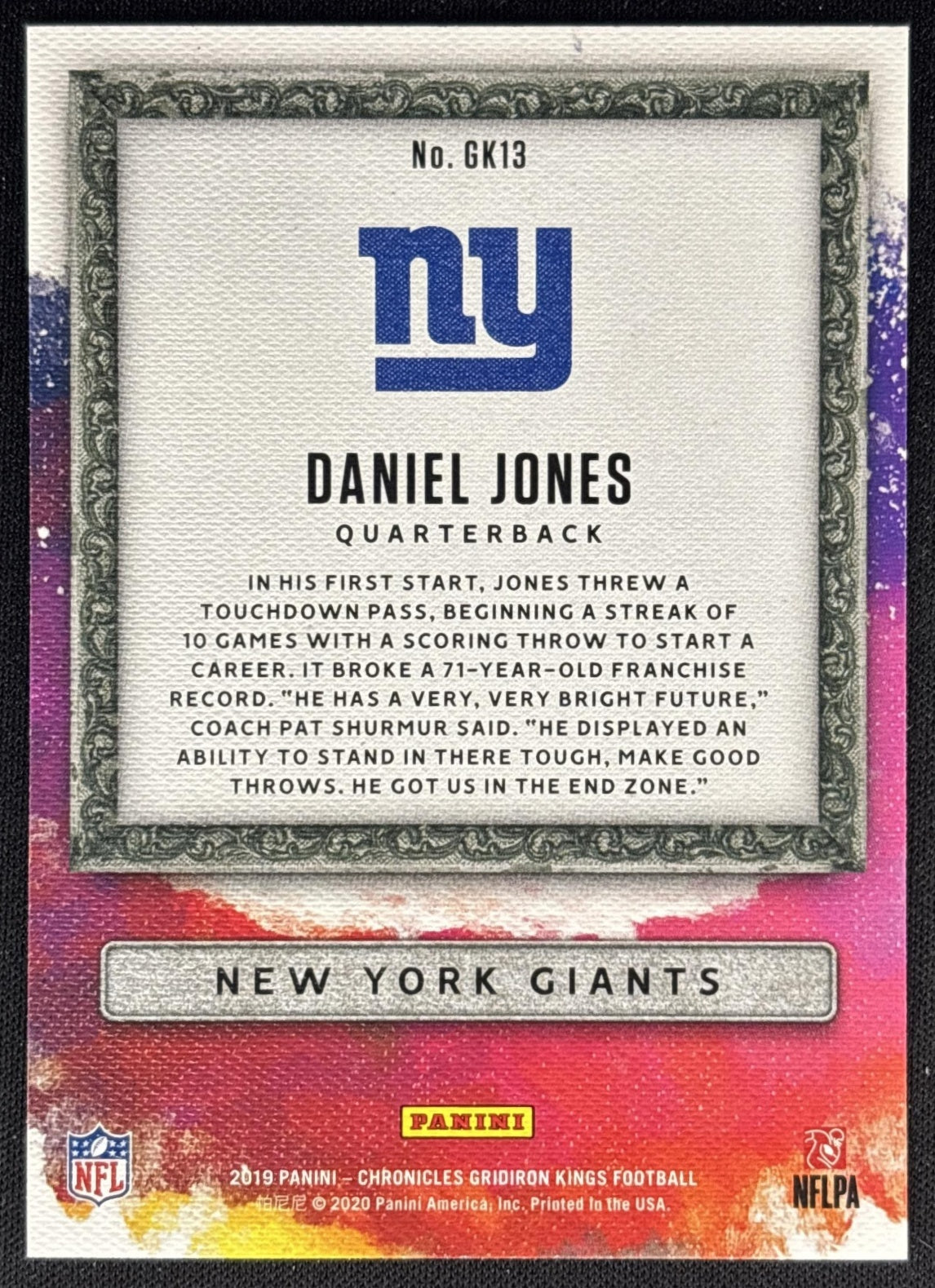 Daniel Jones 2019 Panini Chronicles Gridiron Kings Giants back