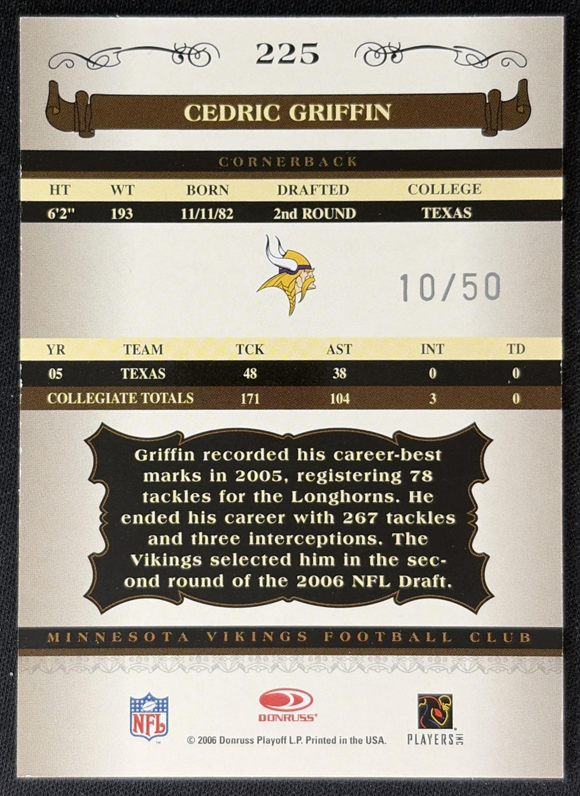 Cedric Griffin 2006 Donruss Classics Timeless Tributes Silver /50 Vikings back