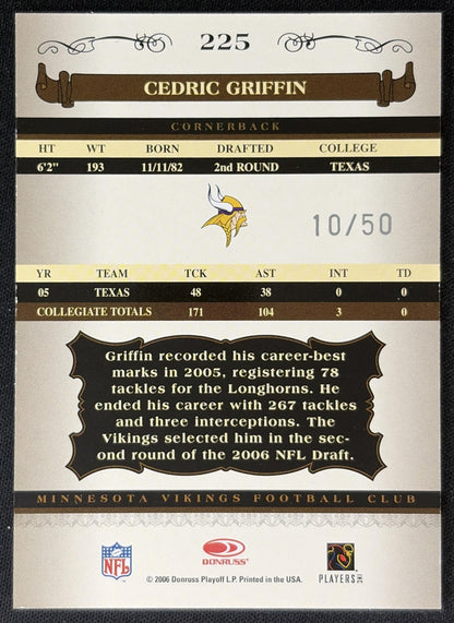Cedric Griffin 2006 Donruss Classics Timeless Tributes Silver /50 Vikings back