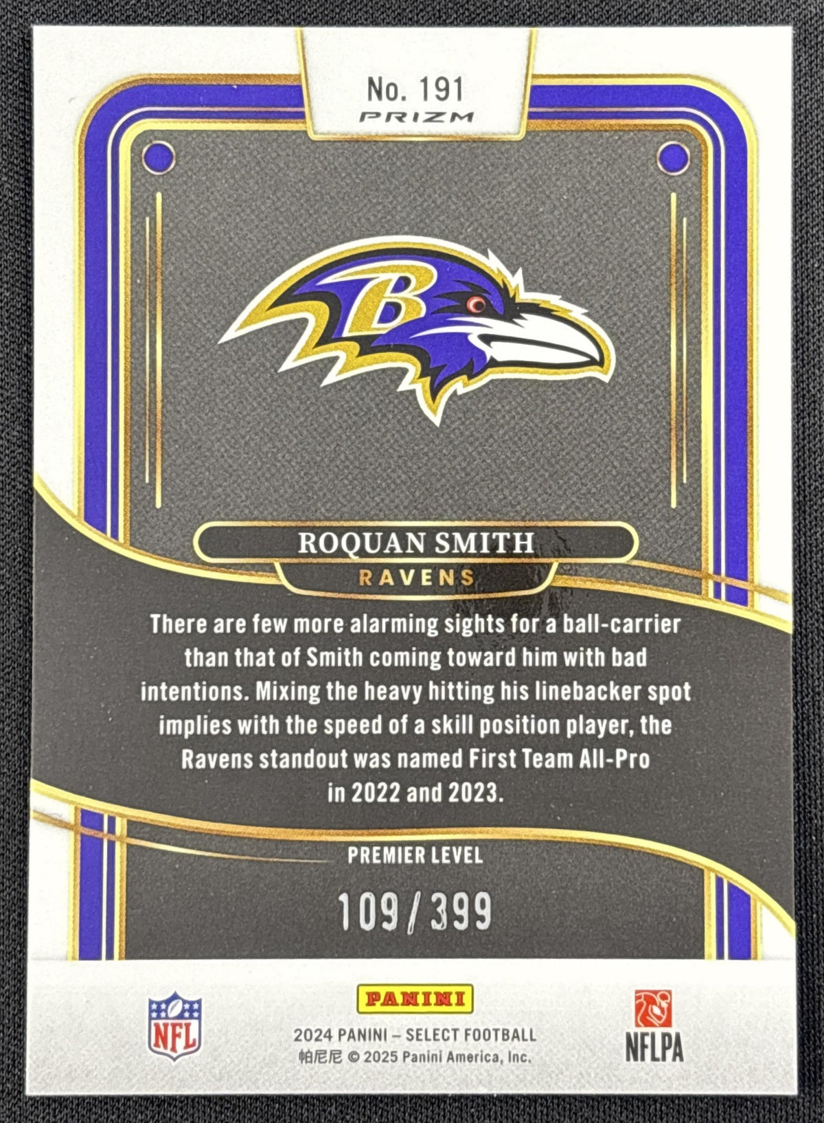 Roquan Smith 2024 Panini Select Premier Orange Prizm Shock /399 Ravens