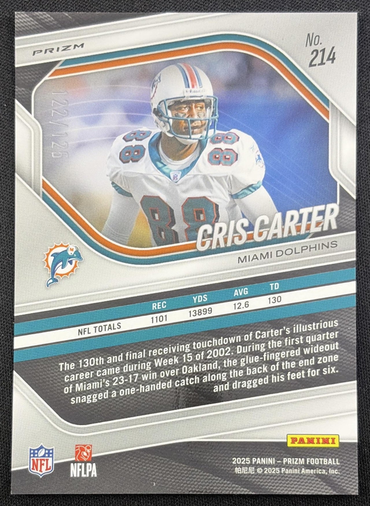 Cris Carter 2025 Panini Prizm No Huddle Blue /125 Dolphins
