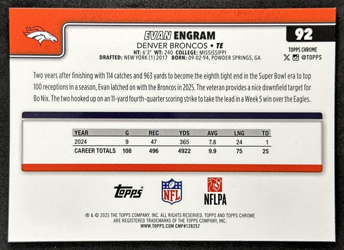 Evan Engram 2025 Topps Chrome Sapphire Broncos