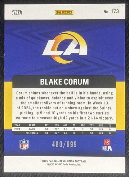 Blake Corum 2025 Panini Revolution Green Storm /699 Rams Los Angeles Rams Sports Trading Cards