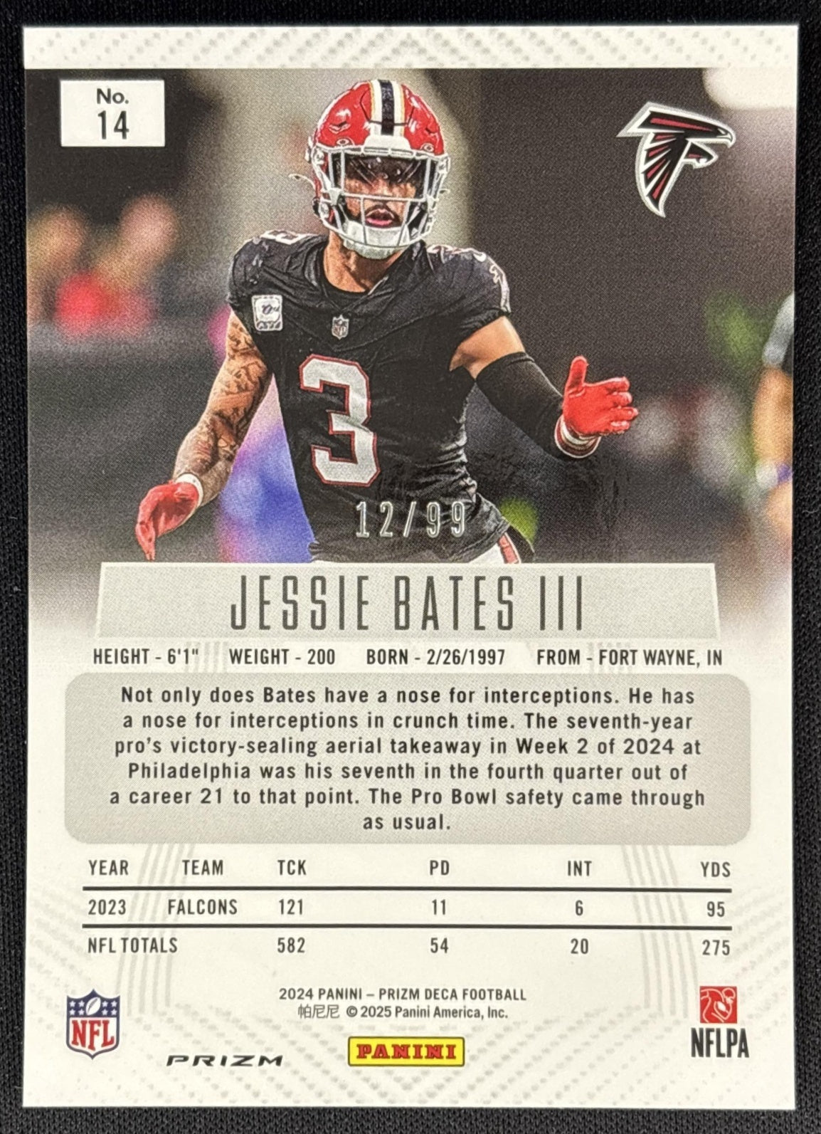 Jessie Bates III 2024 Panini Prizm Deca Purple /99 Falcons back