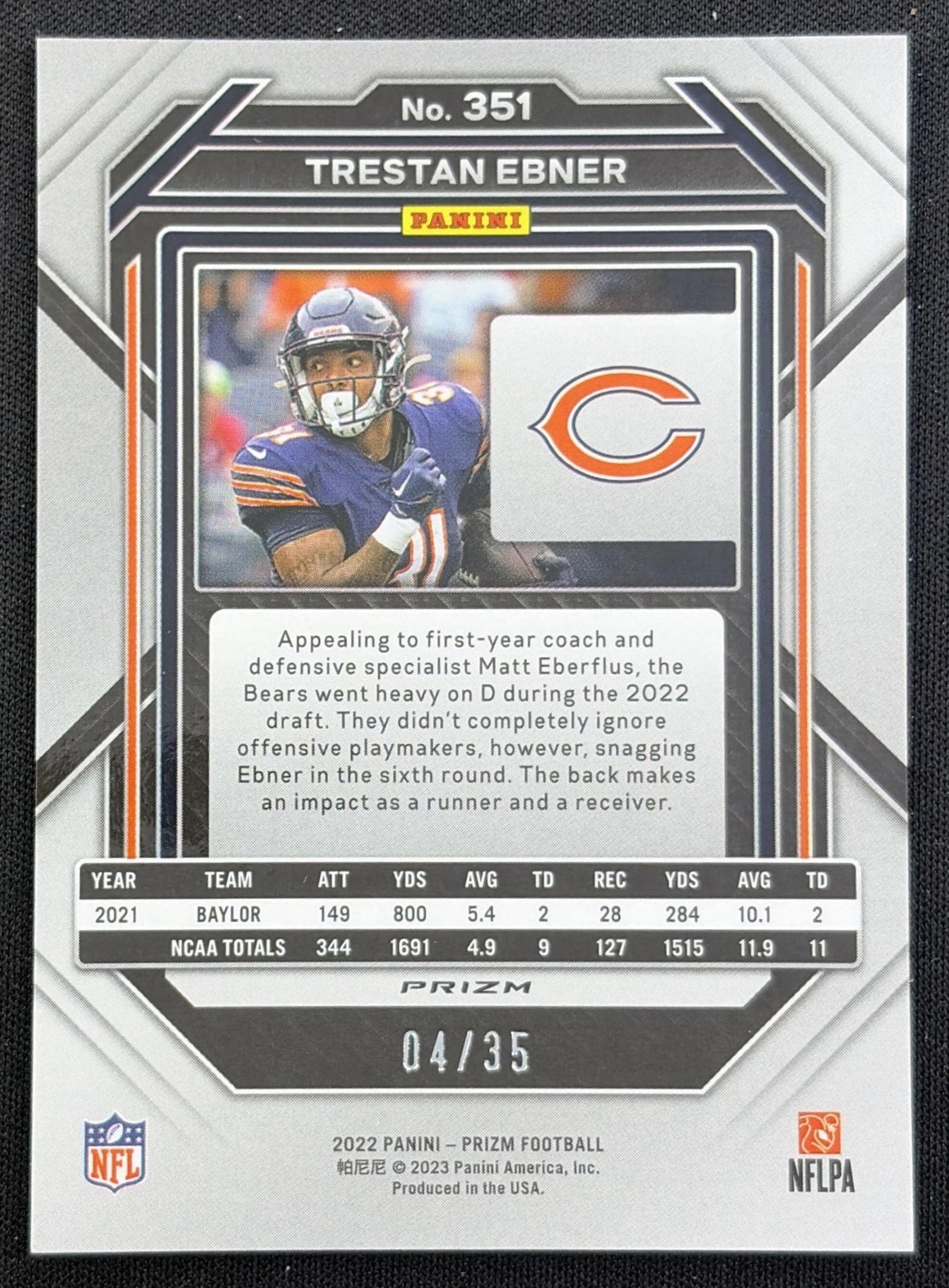 Trestan Ebner 2022 Panini Prizm No Huddle Purple /35 Bears