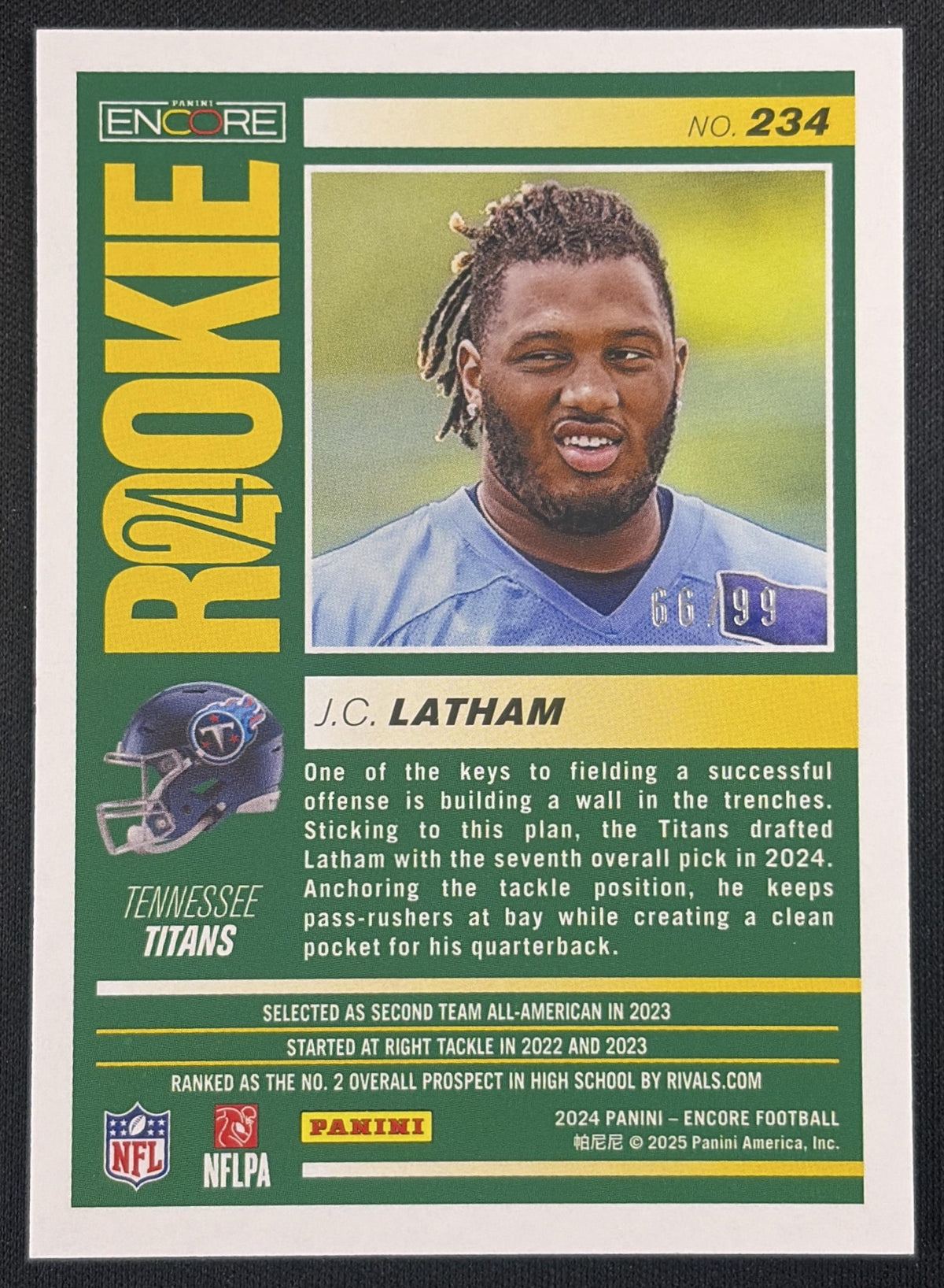 J.C. Latham 2024 Panini Encore Orange /99 Titans Tennessee Titans