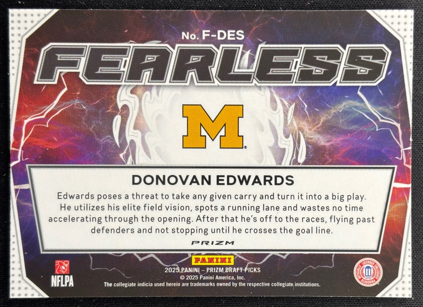 Donovan Edwards 2025 Prizm Draft Picks Fearless Gold Ice Flash Wolverines back sports trading card