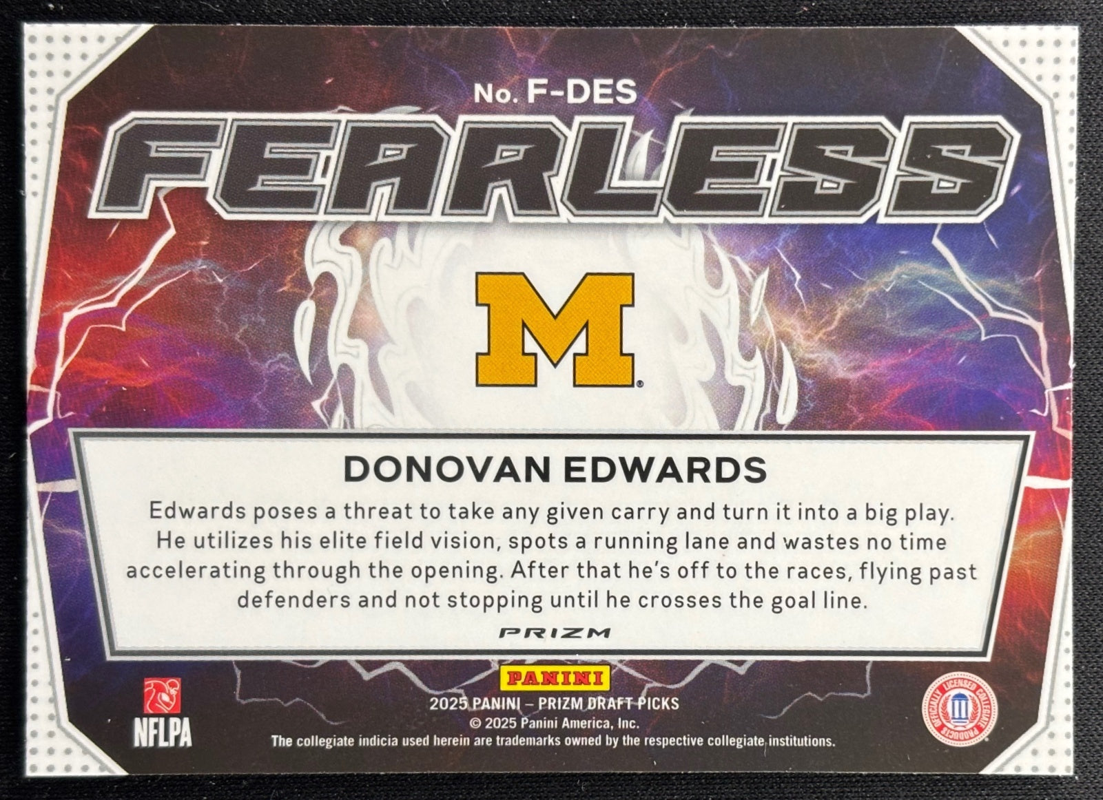 Donovan Edwards 2025 Prizm Draft Picks Fearless Gold Ice Flash Wolverines back sports trading card