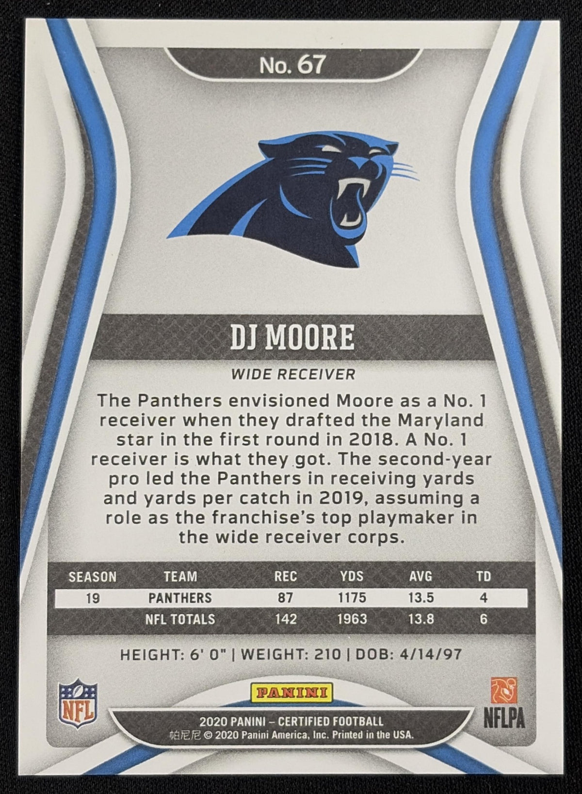 DJ Moore 2020 Panini Certified Mirror /450 Panthers sports trading card back