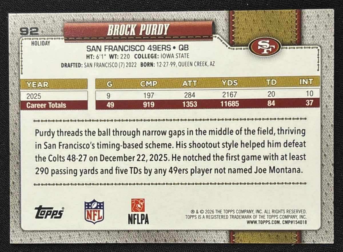 Brock Purdy 2026 Topps Holiday Back Variation 49ers - Back