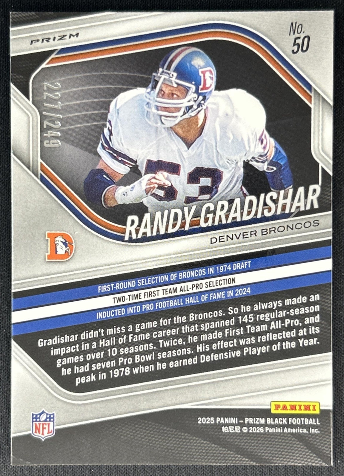 Randy Gradishar 2025 Panini Prizm Black Skewed /249 Broncos back