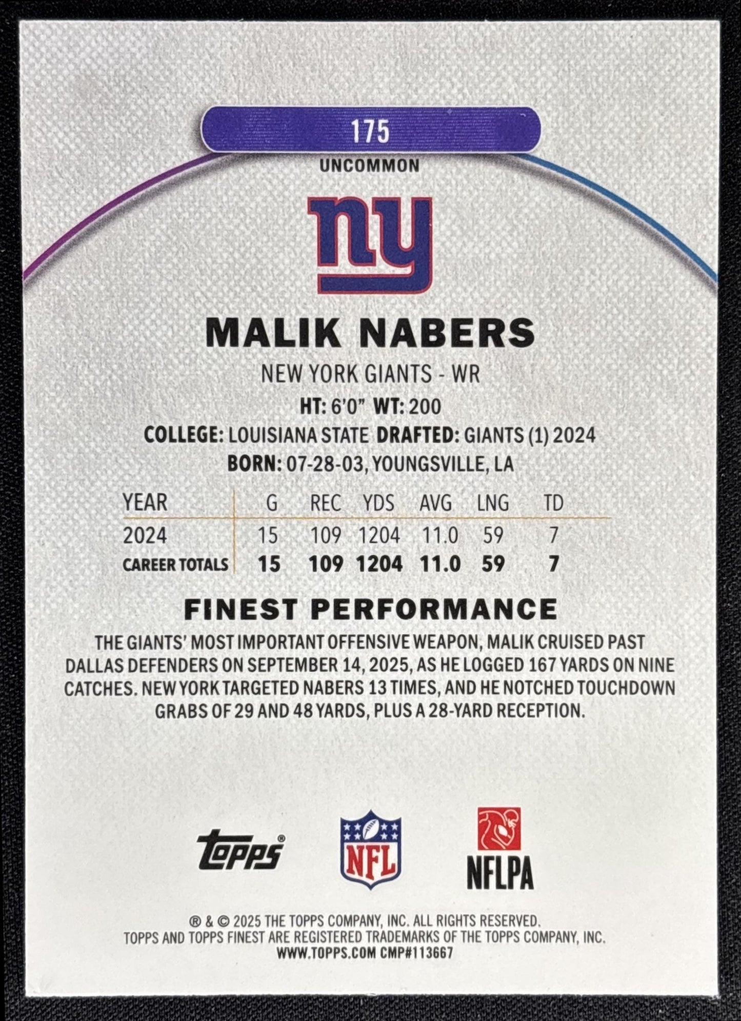 Malik Nabers 2025 Topps Finest Uncommon Sky Blue Refractor /250 Giants