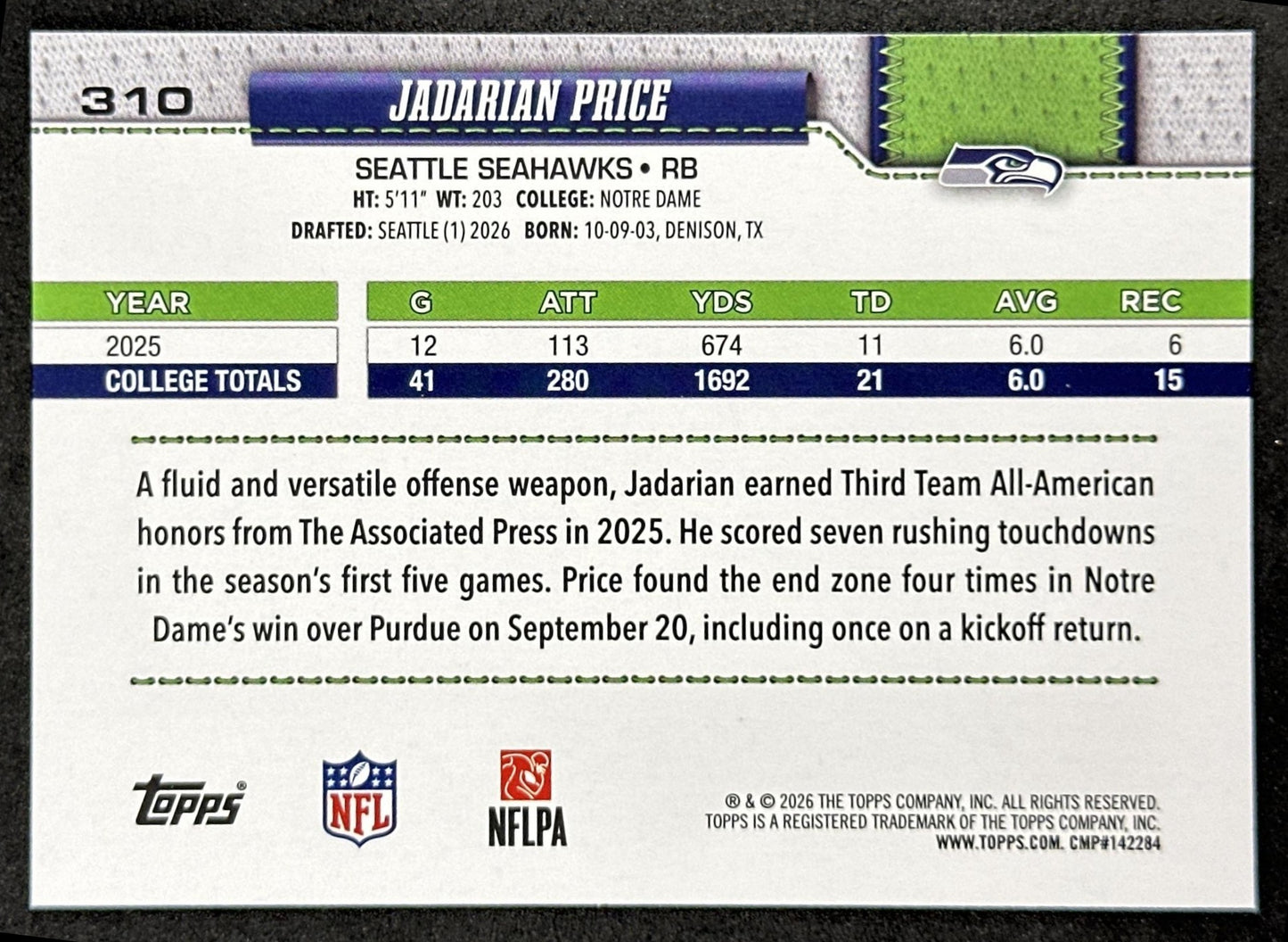 Jadarian Price 2026 Topps Flagship Rookie Seahawks Sports Trading Card