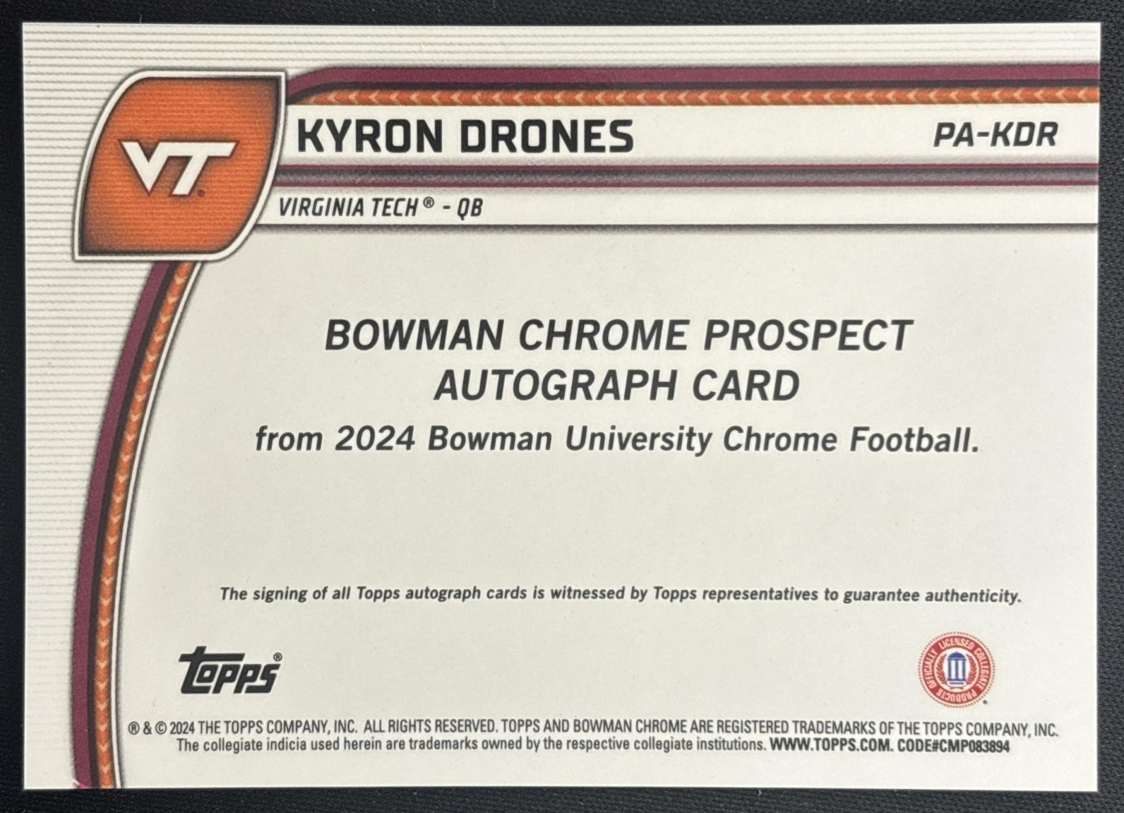 Kyron Drones 2024 Bowman Chrome University Prospect Auto Hokies back