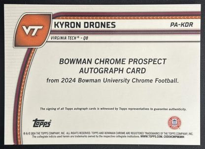 Kyron Drones 2024 Bowman Chrome University Prospect Auto Hokies back