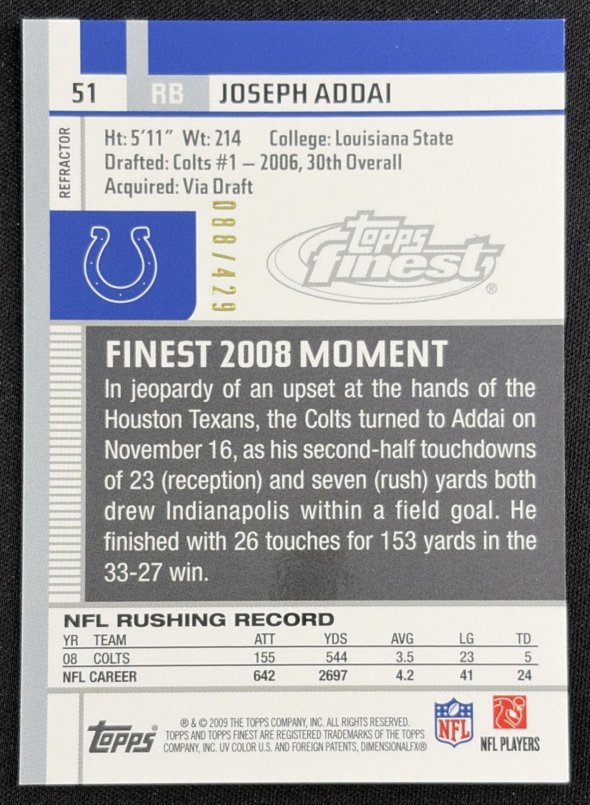 Joseph Addai 2009 Topps Finest Blue Refractor /429 Colts