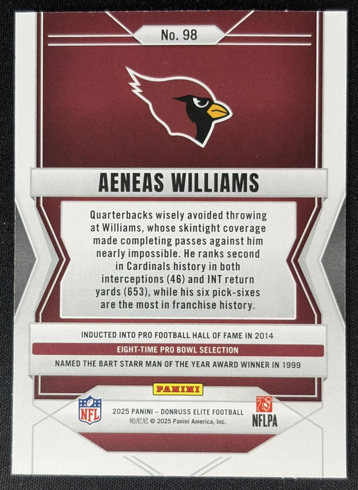 Aeneas Williams 2025 Panini Donruss Elite Aspirations Shimmer /999 Cardinals back