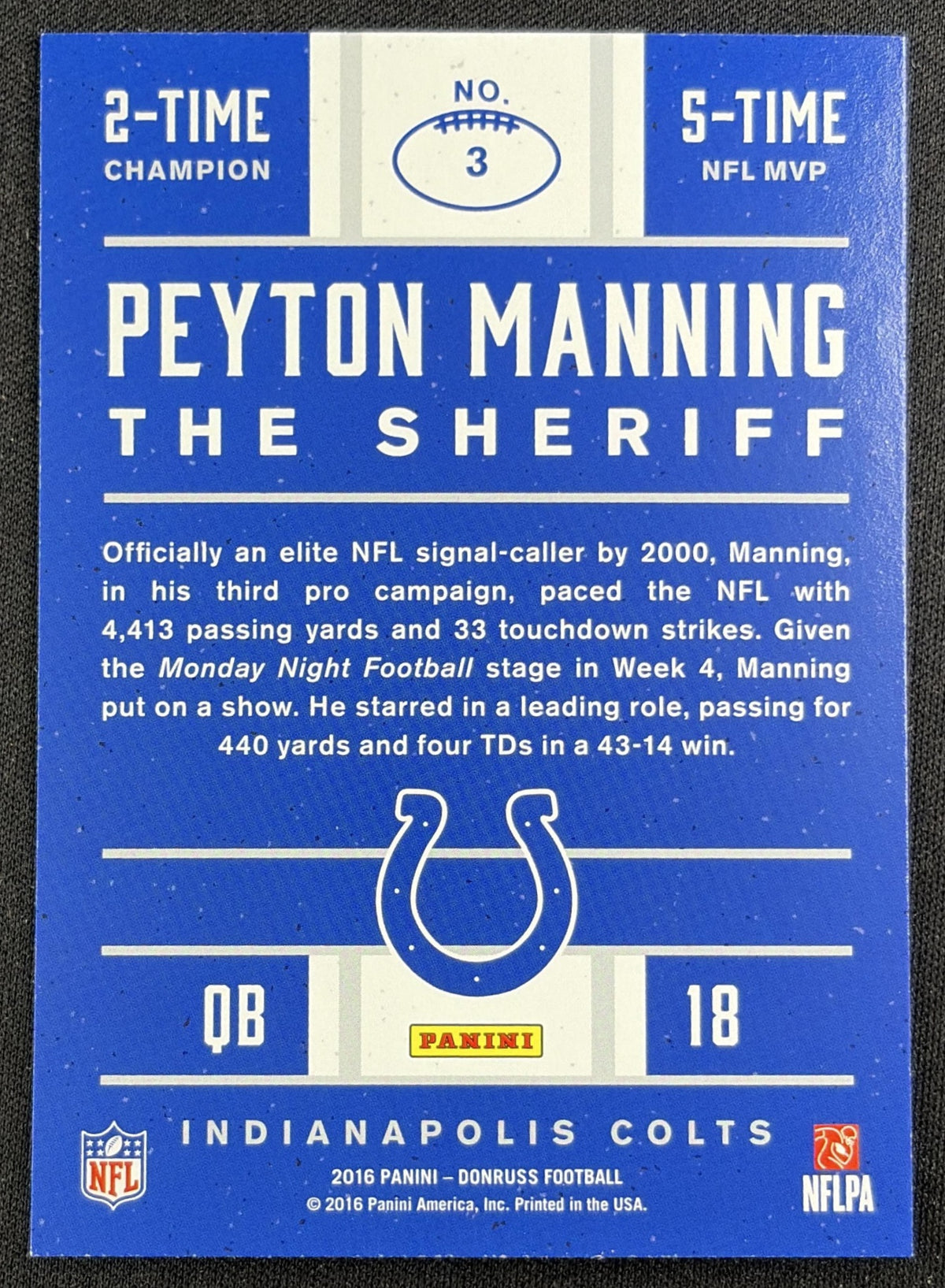Peyton Manning 2016 Panini Donruss The Sheriff Tribute Red Foil Broncos 3 back